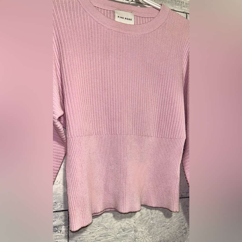 Pink Rose Sweater Crew Neck Ribbed Knit Cropped Balloon Sleeve Soft Pink Size XS - Picture 3 of 6
